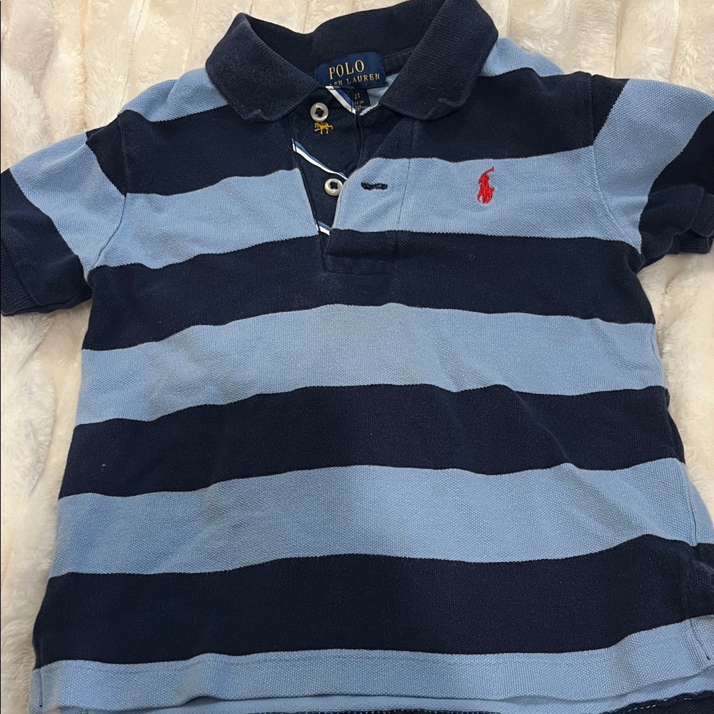 Polo by Ralph Lauren Navy & Light Blue Striped Polo with Red Pony 2T